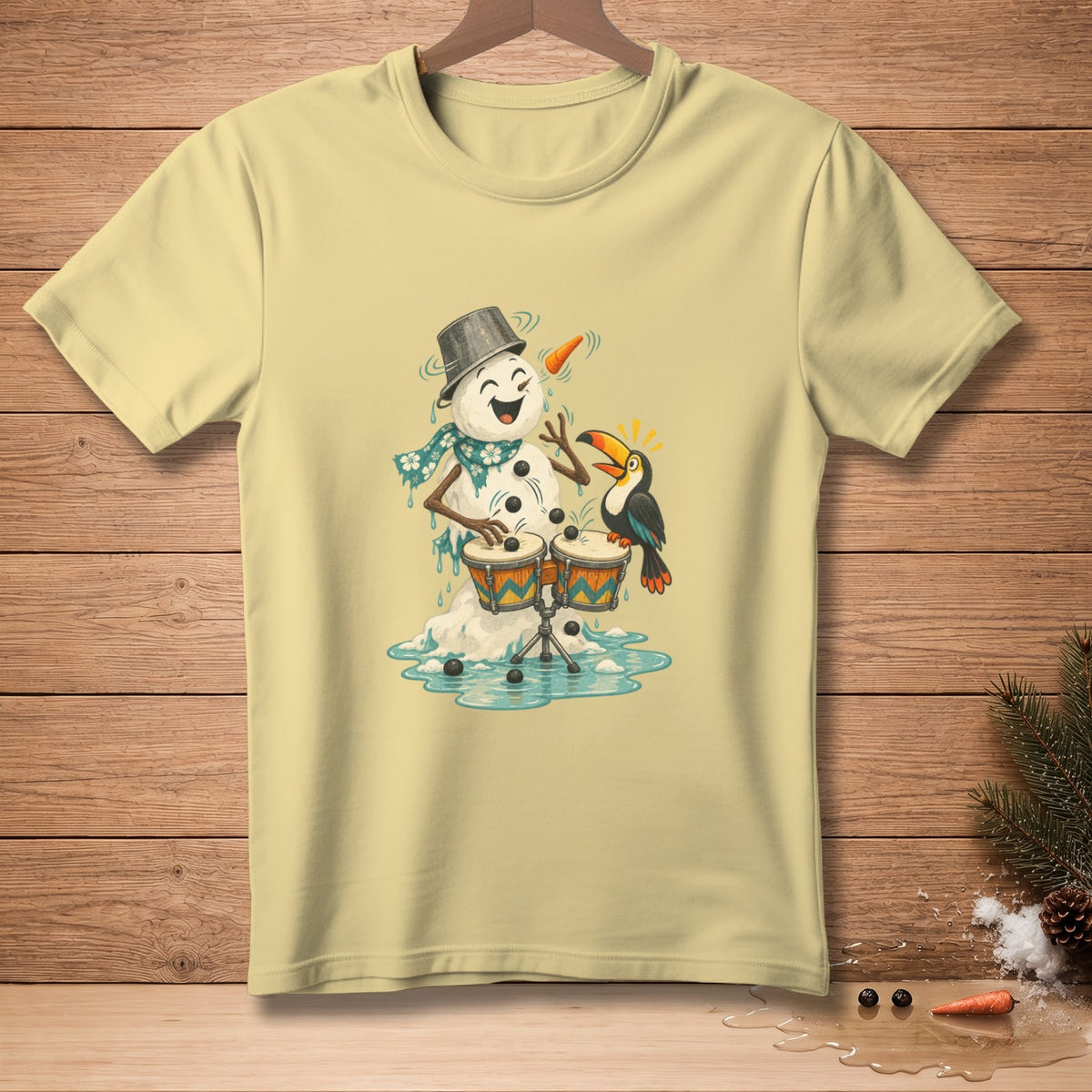 Snowman wearing a bucket hat playing drums with a toucan.