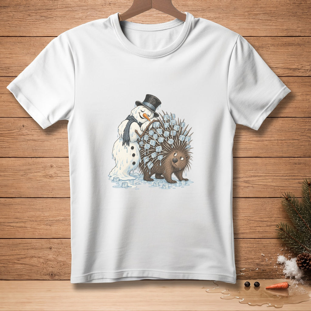 White t-shirt with cartoon illustration of melting snowman hugging a porcupine.