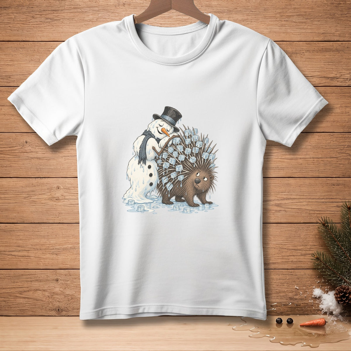 White t-shirt with cartoon illustration of melting snowman hugging a porcupine.