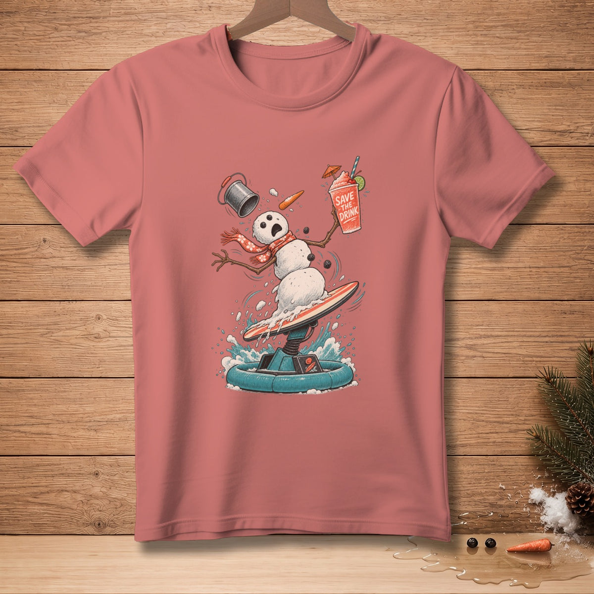 Snowman surfing on a hoverboard, holding a drink with "Save the Drink" text.