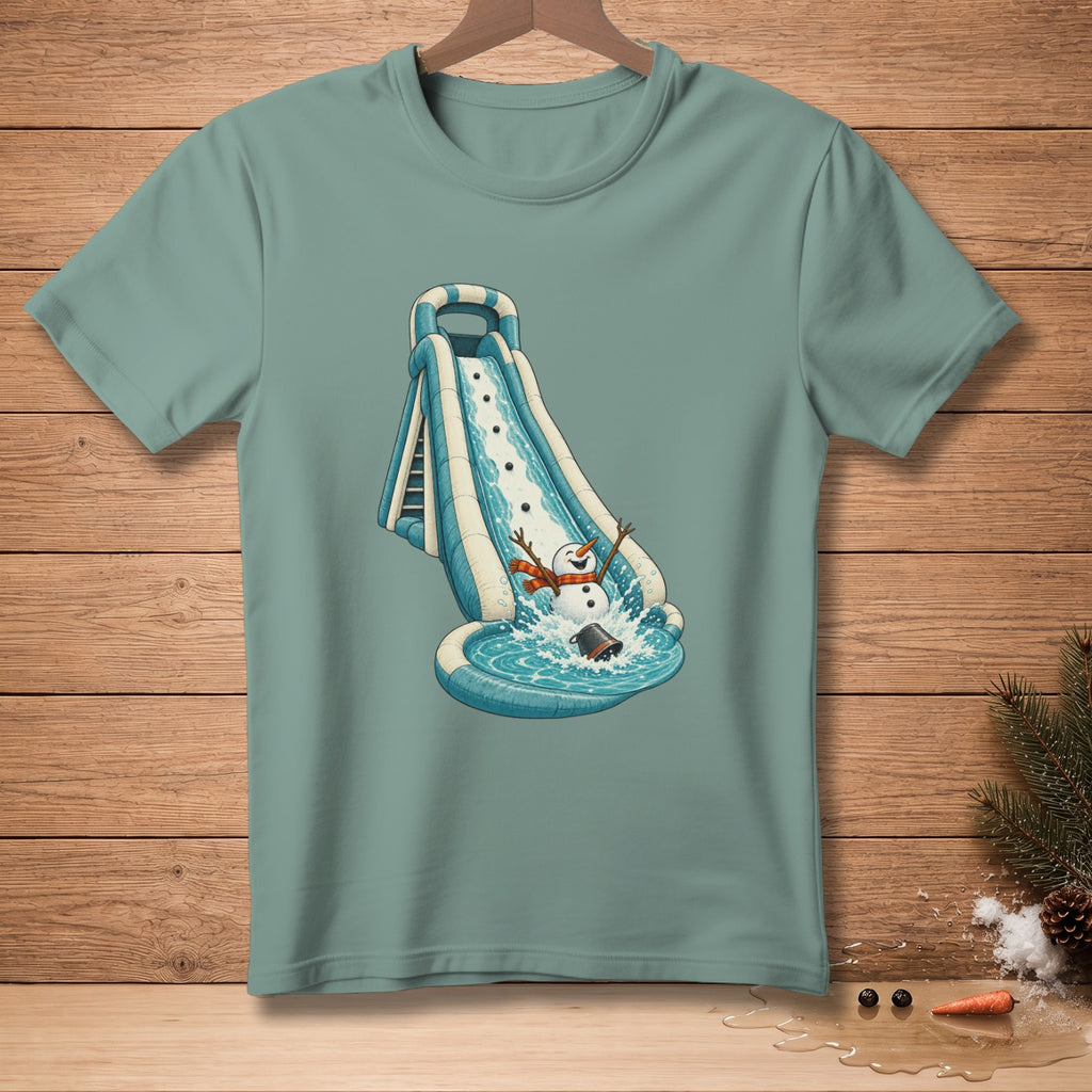 Snowman slides down water slide into pool with bucket.