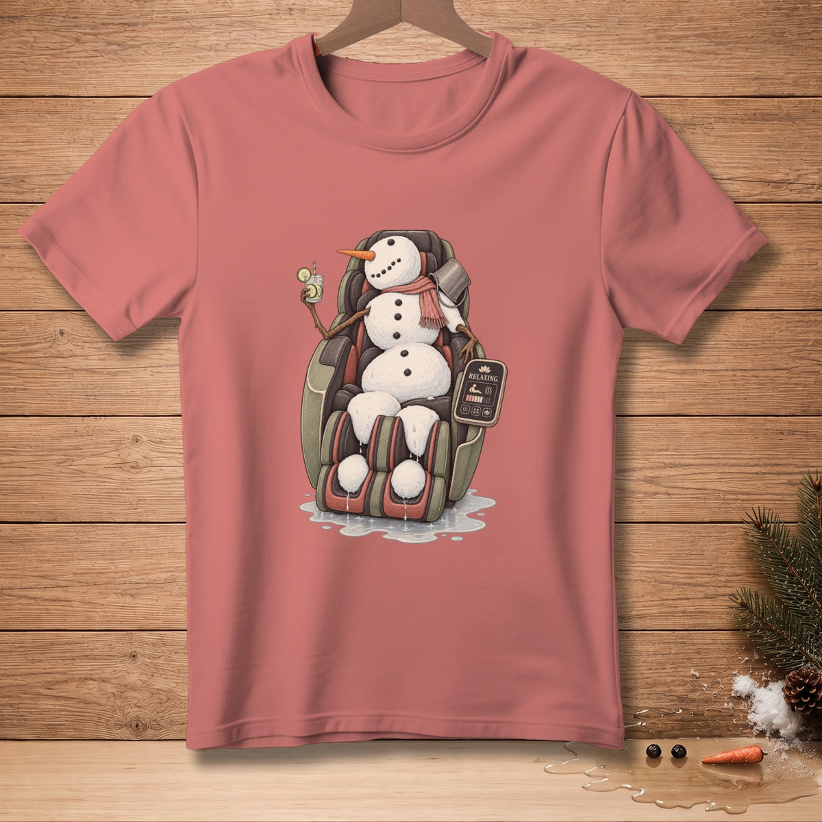 Snowman in massage chair with drink and sign that says "RELAXING".
