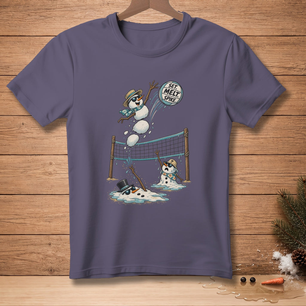 T-shirt graphic of snowmen playing volleyball, with text "SET. MELT. SPIKE."