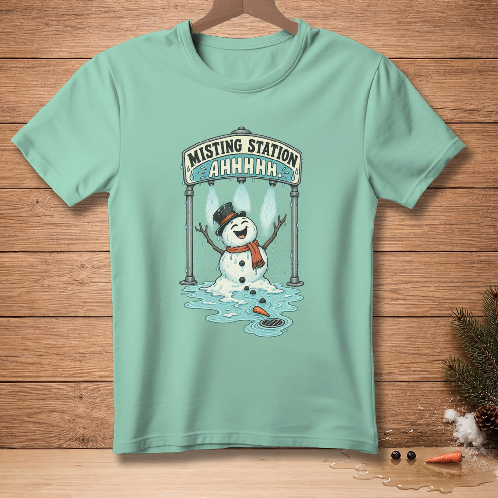 T-shirt graphic of a melting snowman under a "Misting Station AHHHH" sign.