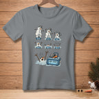T-shirt graphic of melting snowmen on scales, showing decreasing weights and a final goal weight.