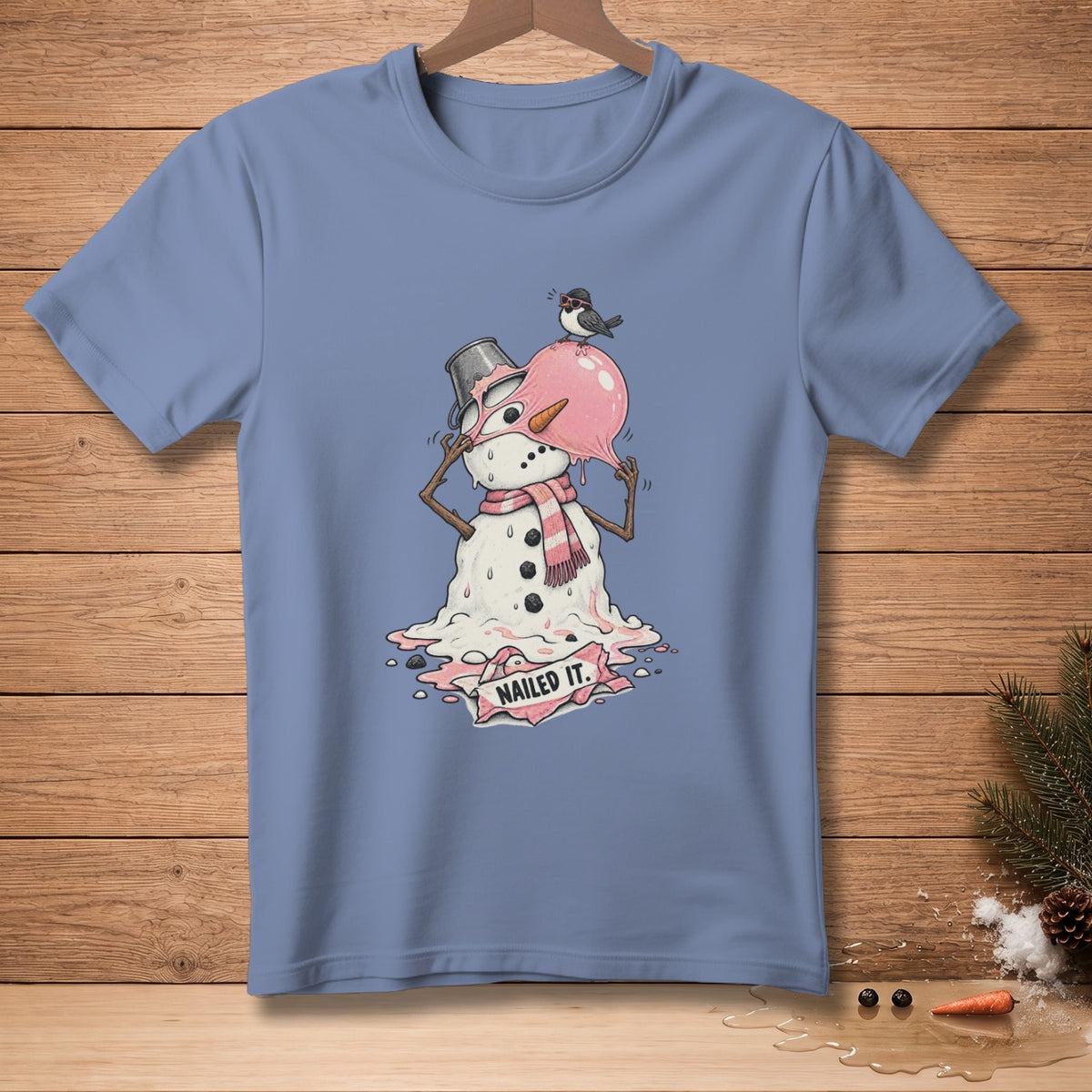 Melting snowman with a bird and text "NAILED IT."