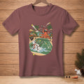 T-shirt graphic of an octopus playing tennis with a melting snowman on a beach court.