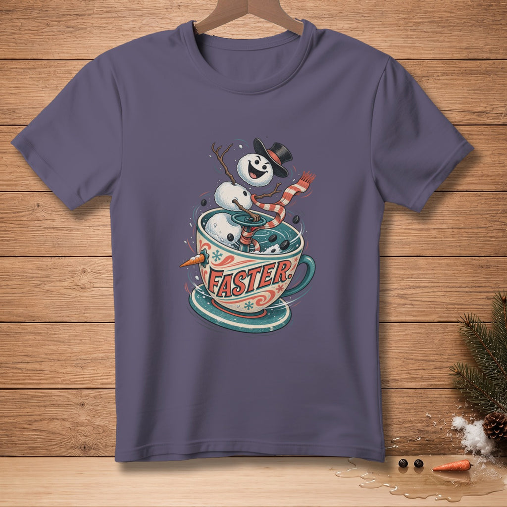 T-shirt with a cartoon snowman in a coffee cup with the word "FASTER".