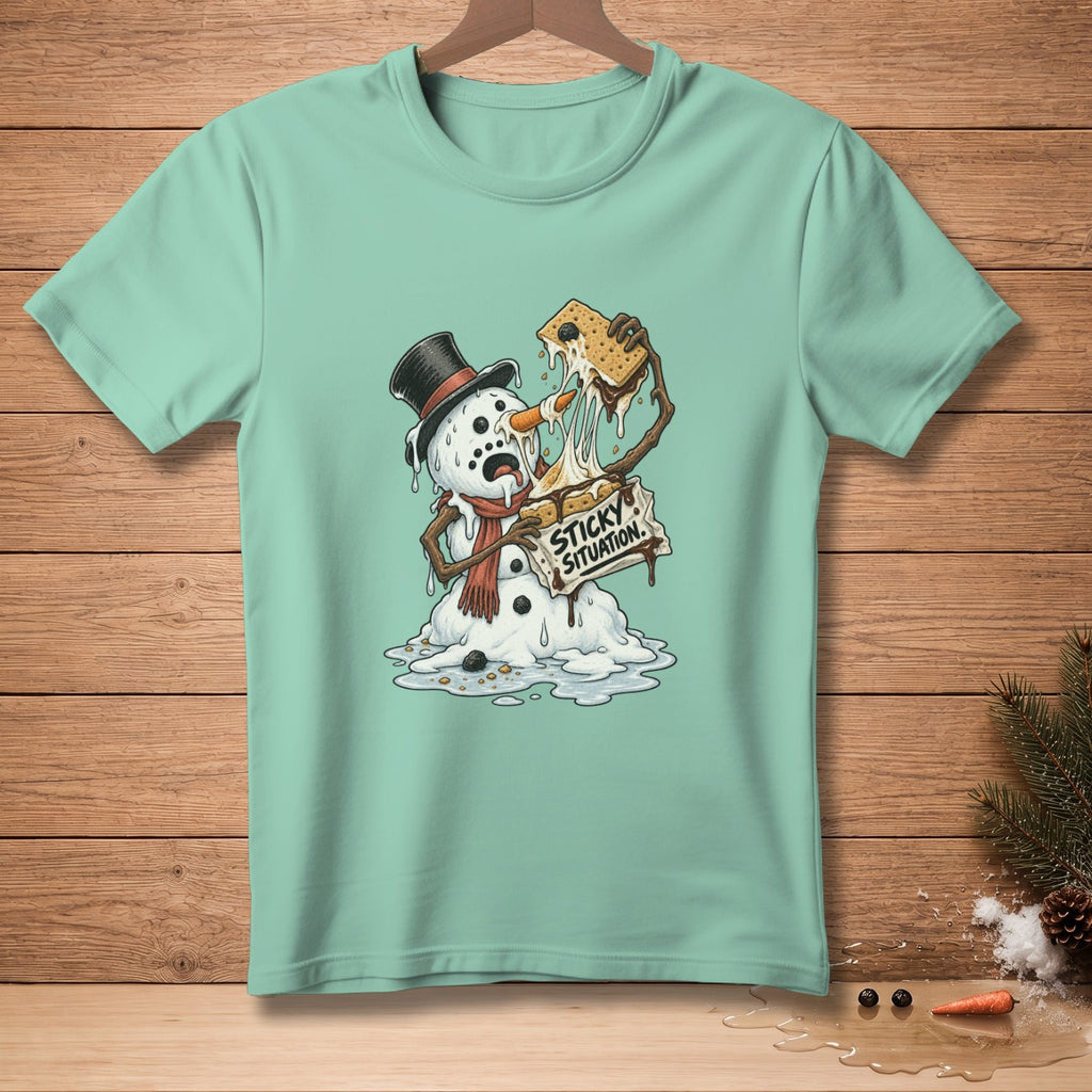 Melting snowman with a s'more and text "STICKY SITUATION."