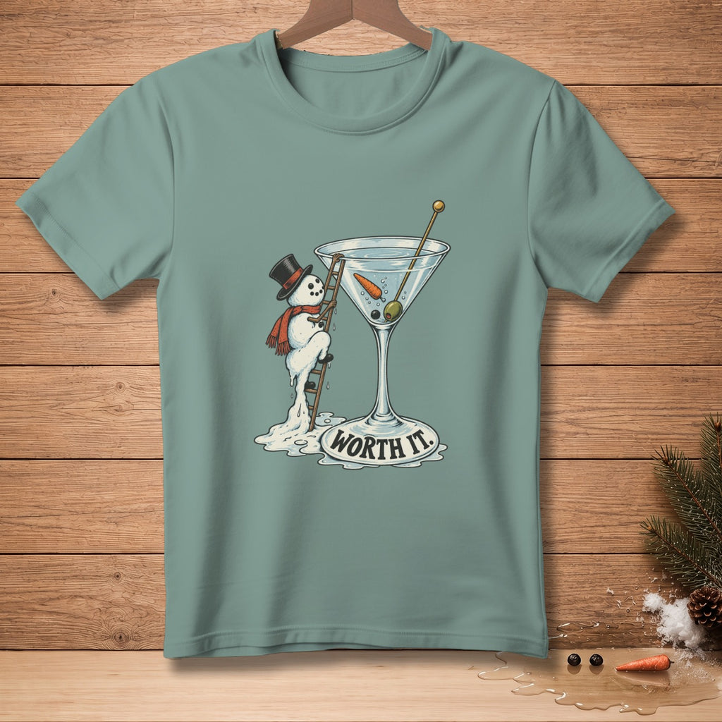 Snowman climbing a ladder into a martini glass with text "WORTH IT."