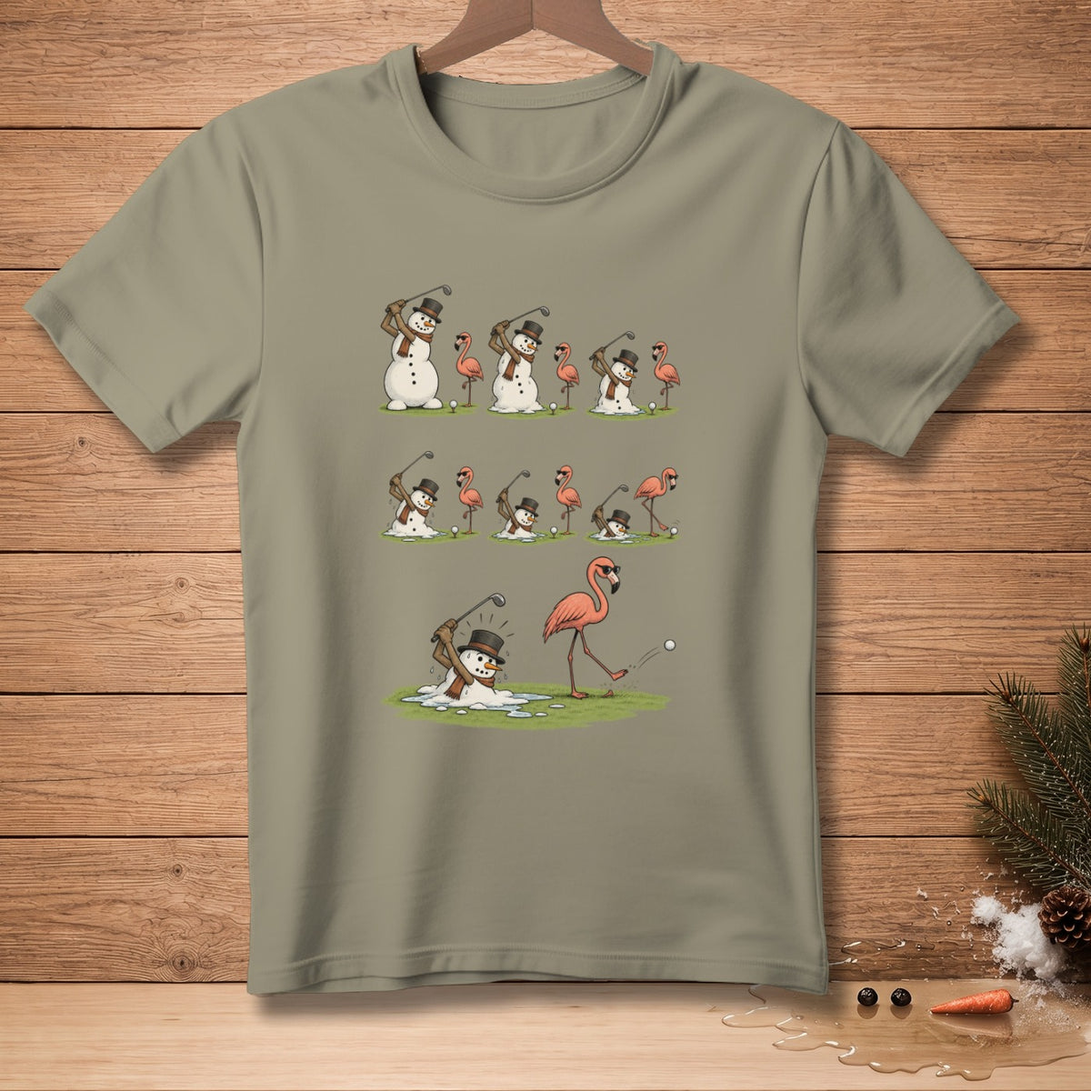 Snowmen and flamingos playing golf, with melting snowmen.
