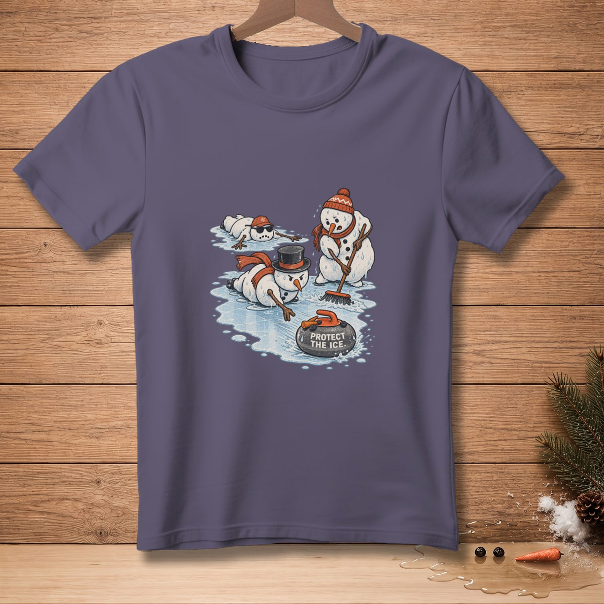 Snowmen playing curling with a stone that says "Protect the Ice."