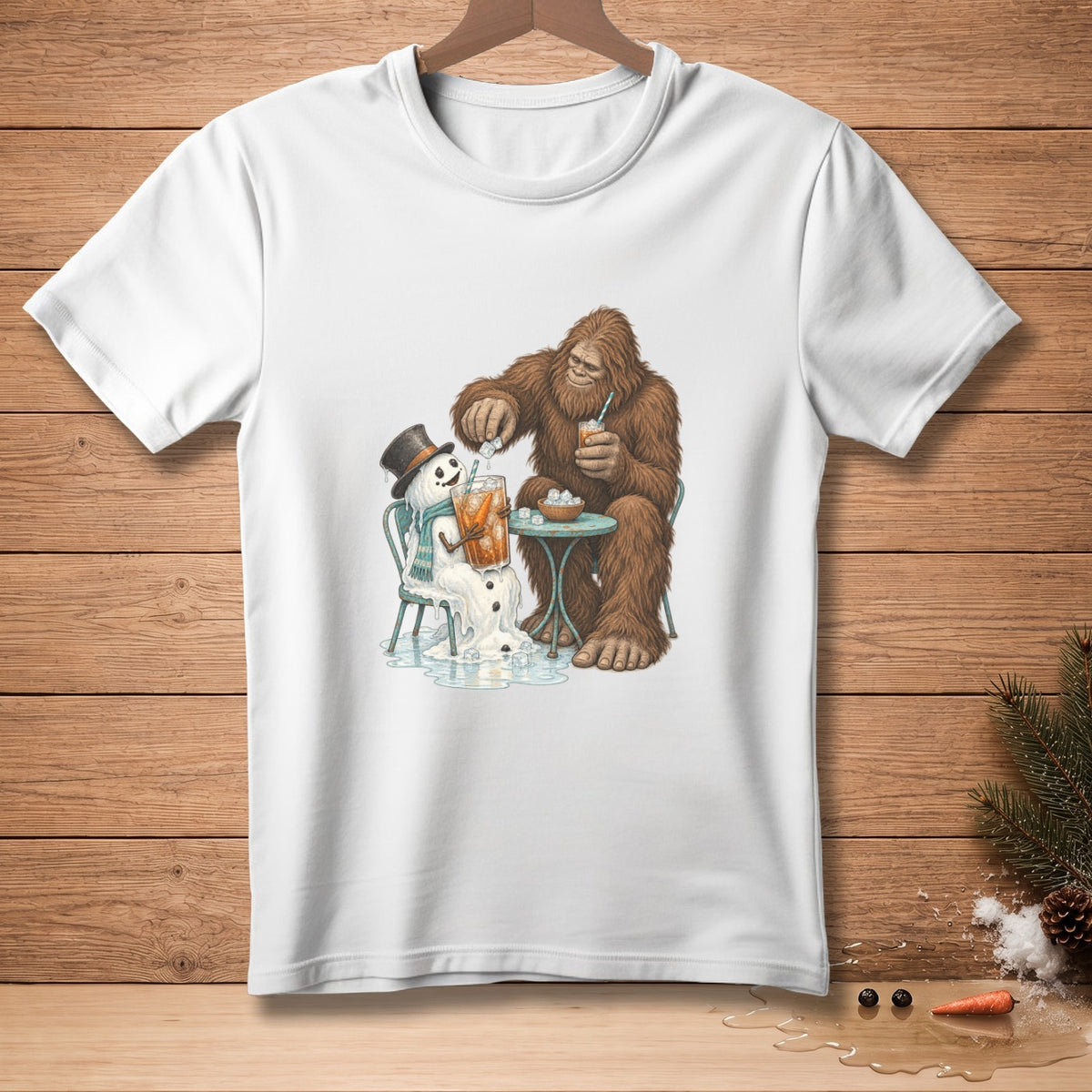 Bigfoot pours ice into a melting snowman's drink at a small table.