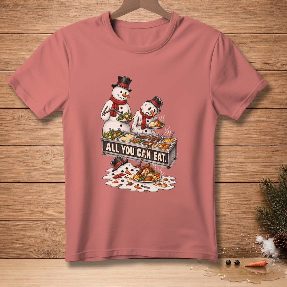 Snowmen at an all you can eat buffet with text "ALL YOU CAN EAT".