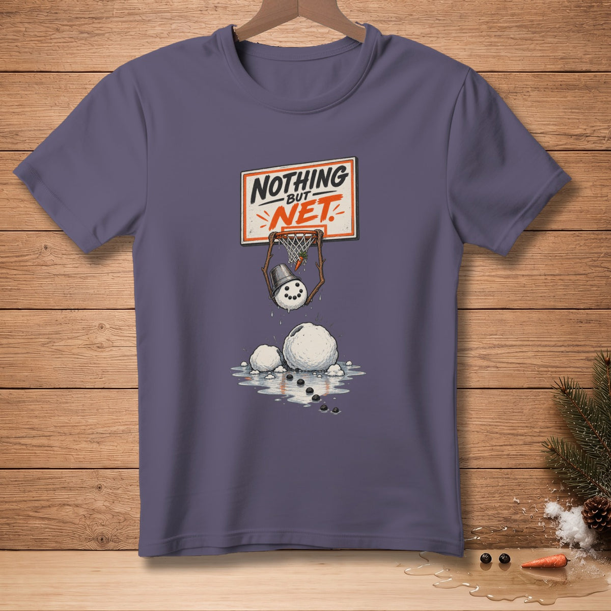 T-shirt graphic of a melting snowman playing basketball, with "Nothing But Net" text.