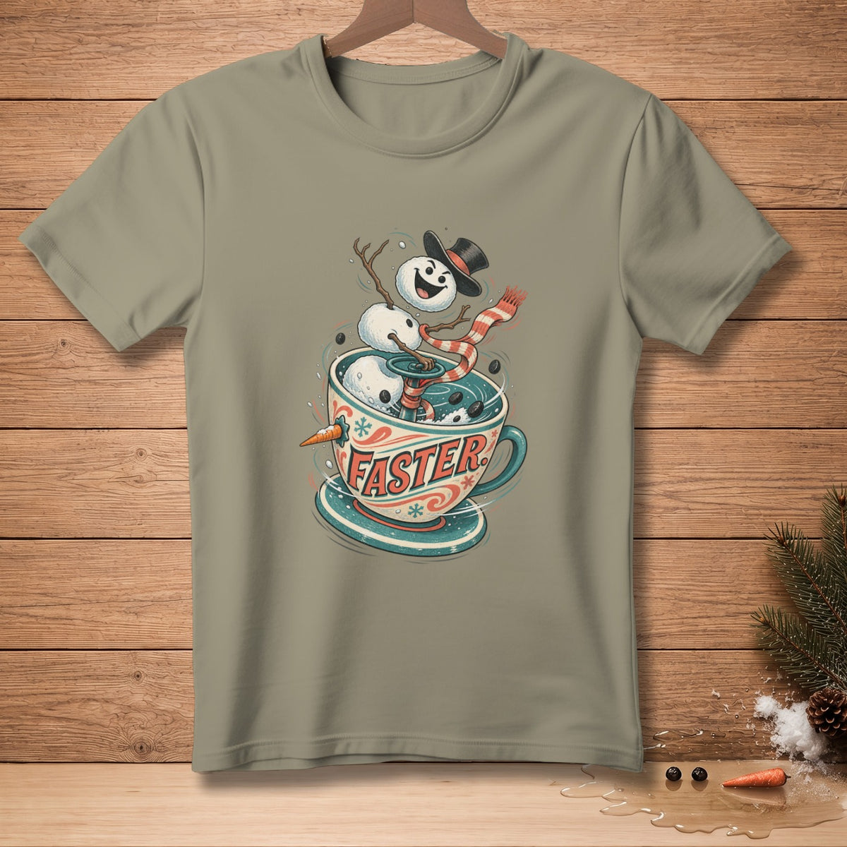 T-shirt with a cartoon snowman in a coffee cup with the word "FASTER".