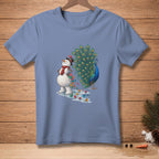 Snowman in hat and scarf with peacock fan and colorful umbrellas.