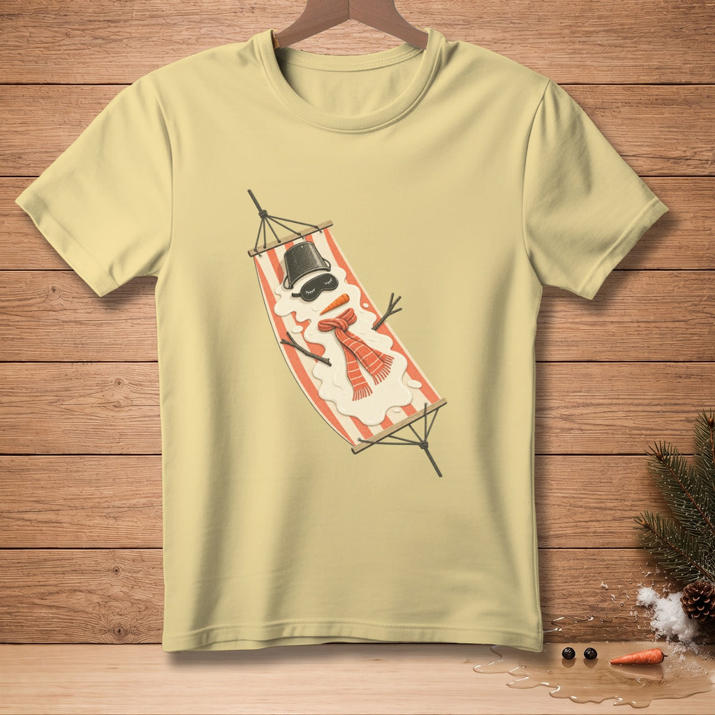 Light yellow t-shirt with a melting snowman on a hammock graphic.