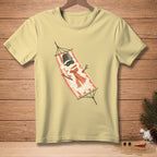 Light yellow t-shirt with a melting snowman on a hammock graphic.