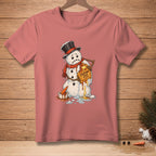 Melting snowman wearing a top hat and scarf holds a waffle with "CUSTOM FIT" text.