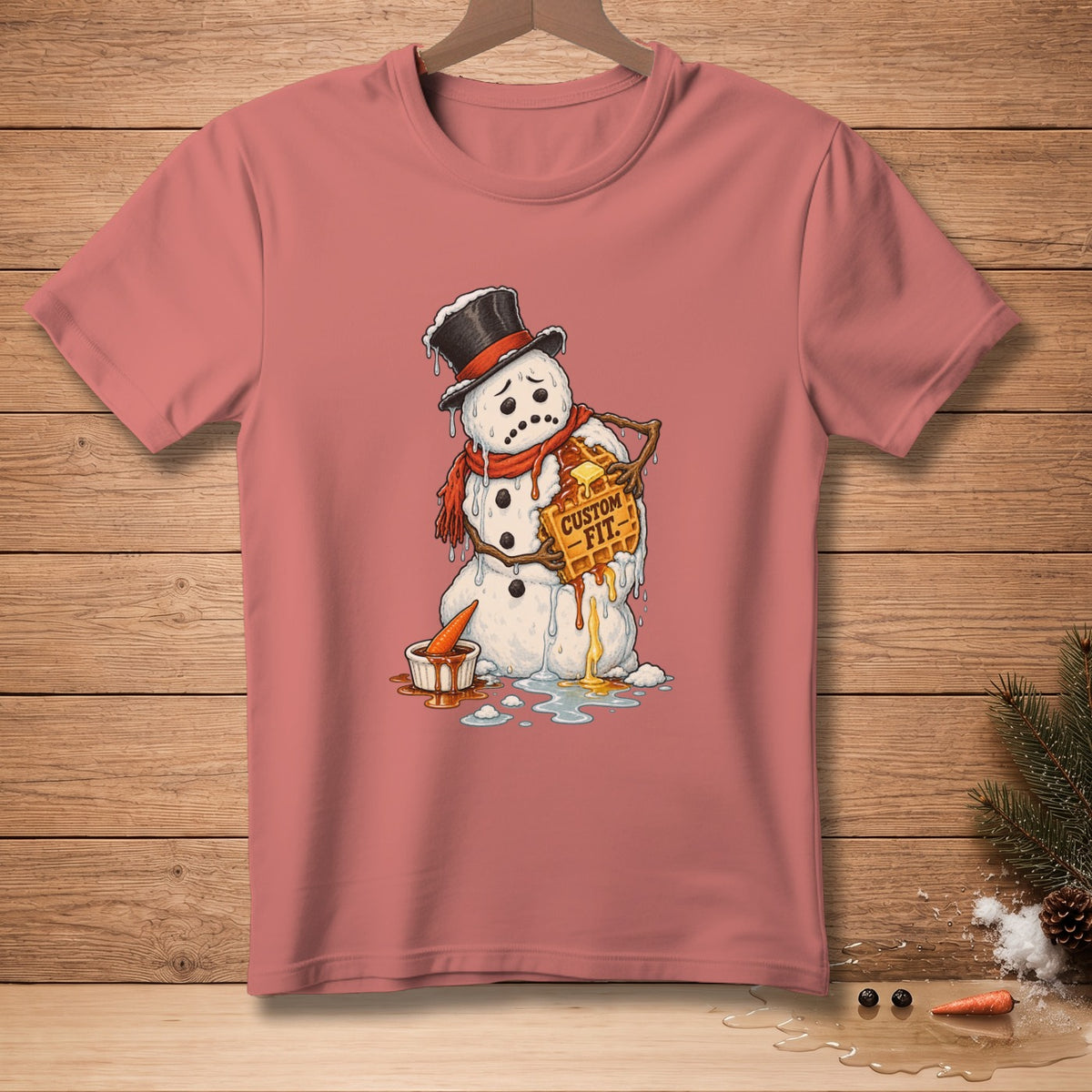 Melting snowman wearing a top hat and scarf holds a waffle with "CUSTOM FIT" text.