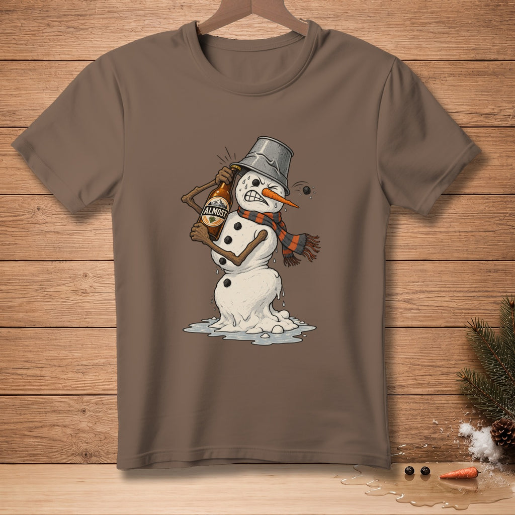 Snowman wearing a bucket hat and scarf, melting and holding a beer bottle.
