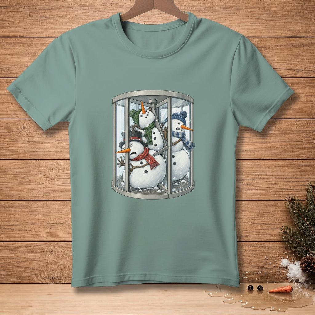 Snowmen wearing scarves are stuck inside a revolving door.