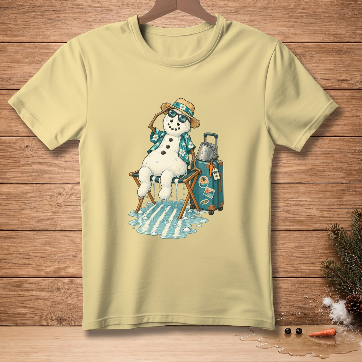Melting snowman in Hawaiian shirt and sunglasses on beach chair with suitcase.