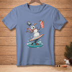 Snowman on a wakeboard holding a drink that says "Save the Drink".