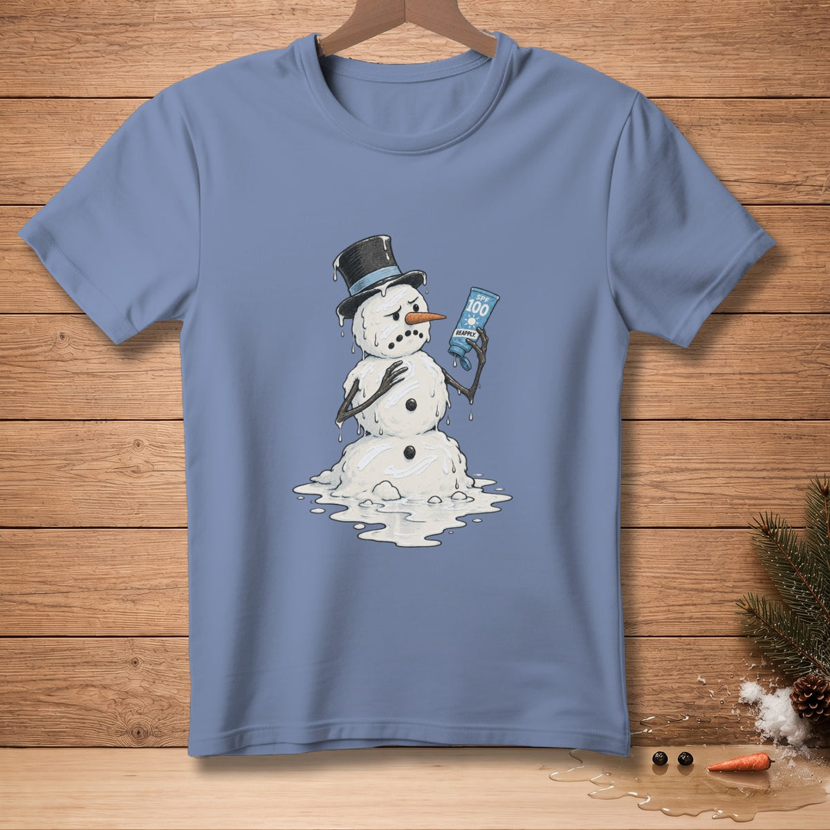 Melting snowman in a top hat holds SPF 100 sunscreen bottle.