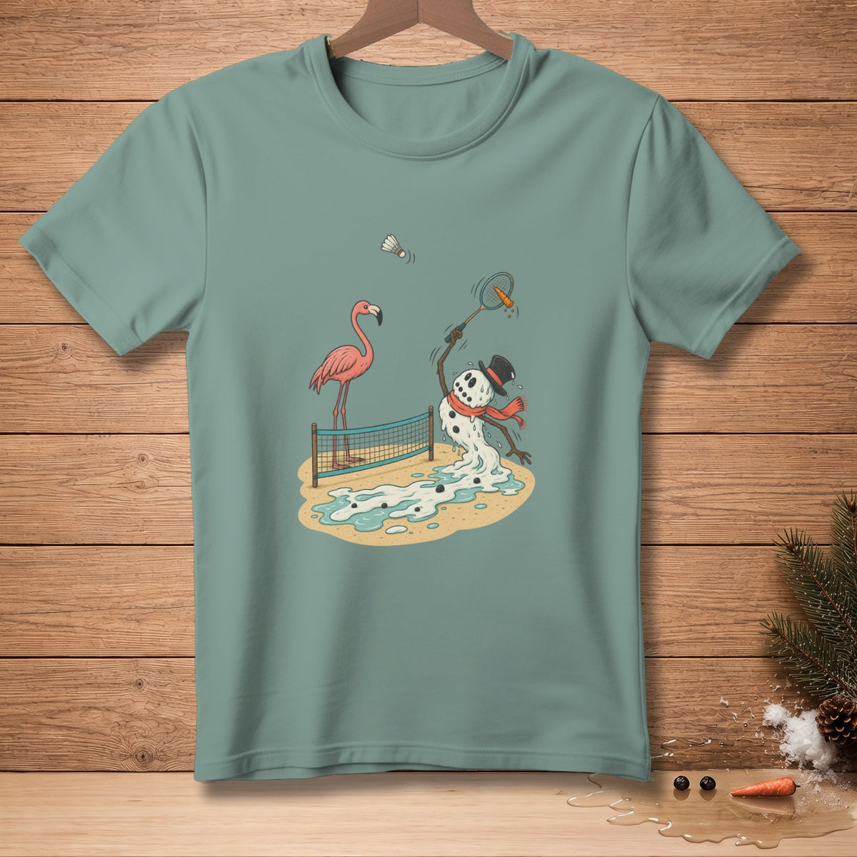 Melting snowman playing badminton with a flamingo on a beach.
