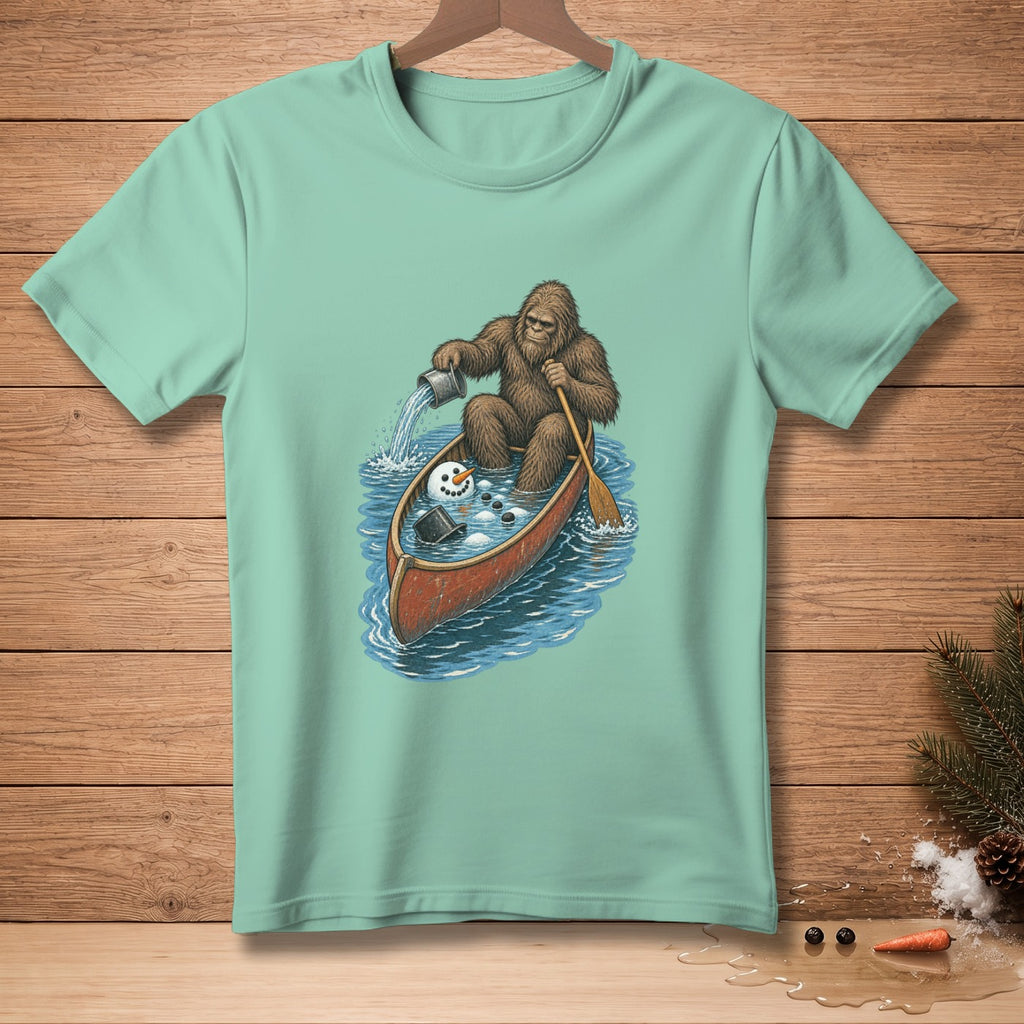 Bigfoot in a canoe pouring water on a melting snowman.