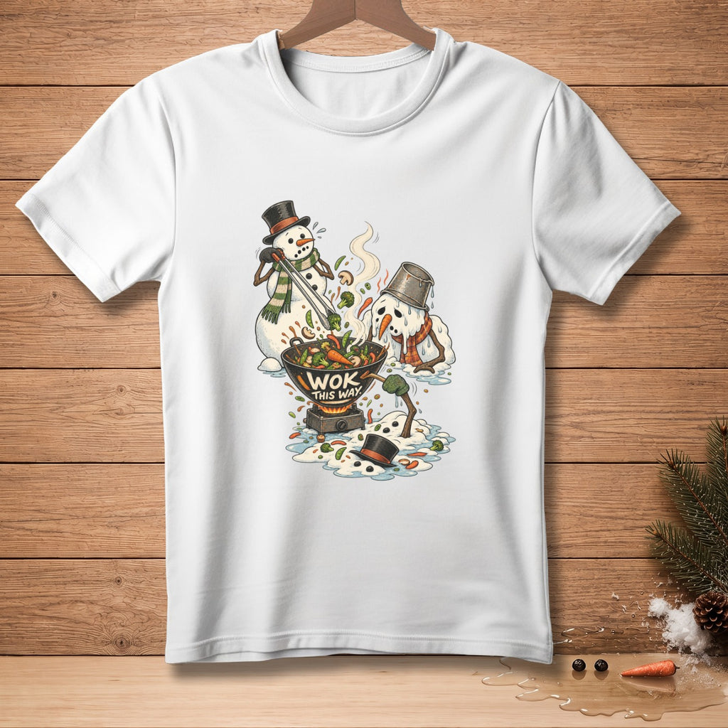 Two snowmen cooking vegetables in a wok with text "Wok This Way" on the shirt.