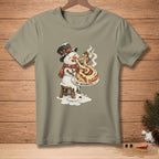 Snowman in top hat eating melting cinnamon roll with text "NO REGRETS."