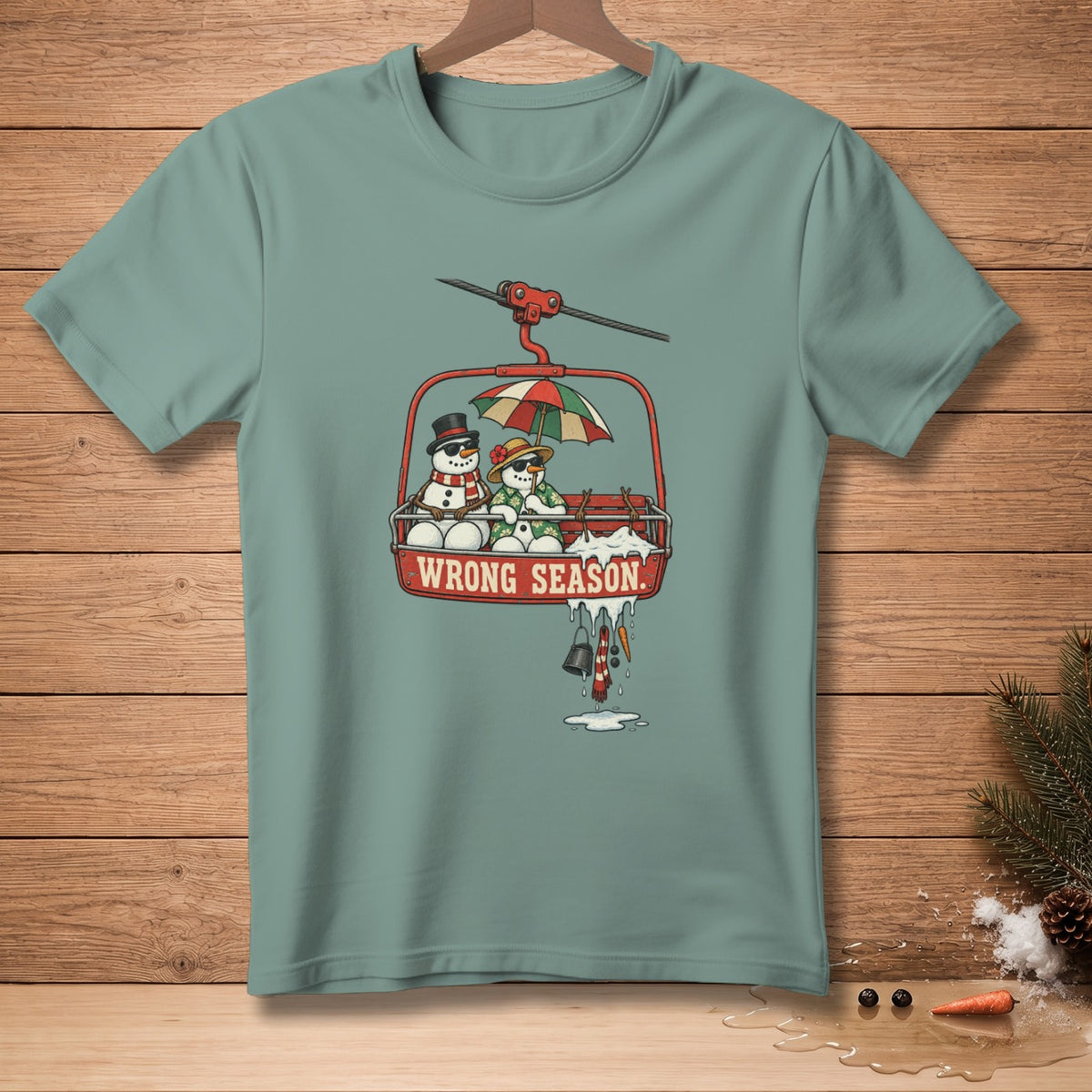 Snowmen in a ski lift with "Wrong Season" text and melting elements.