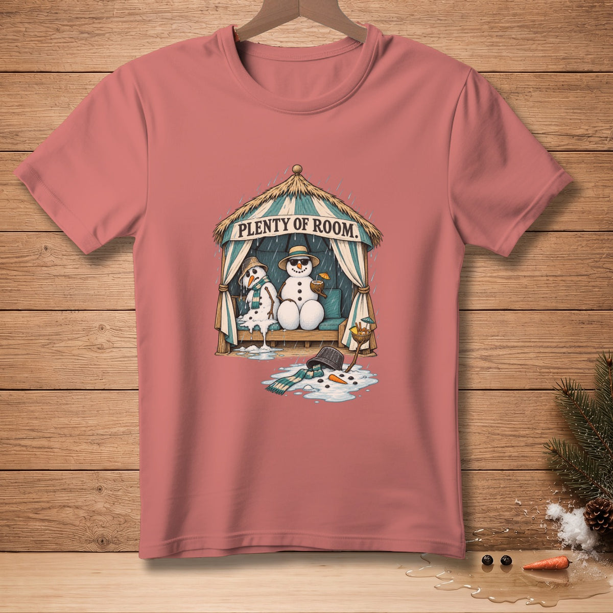 Two snowmen melting under a canopy with "Plenty of Room" text.