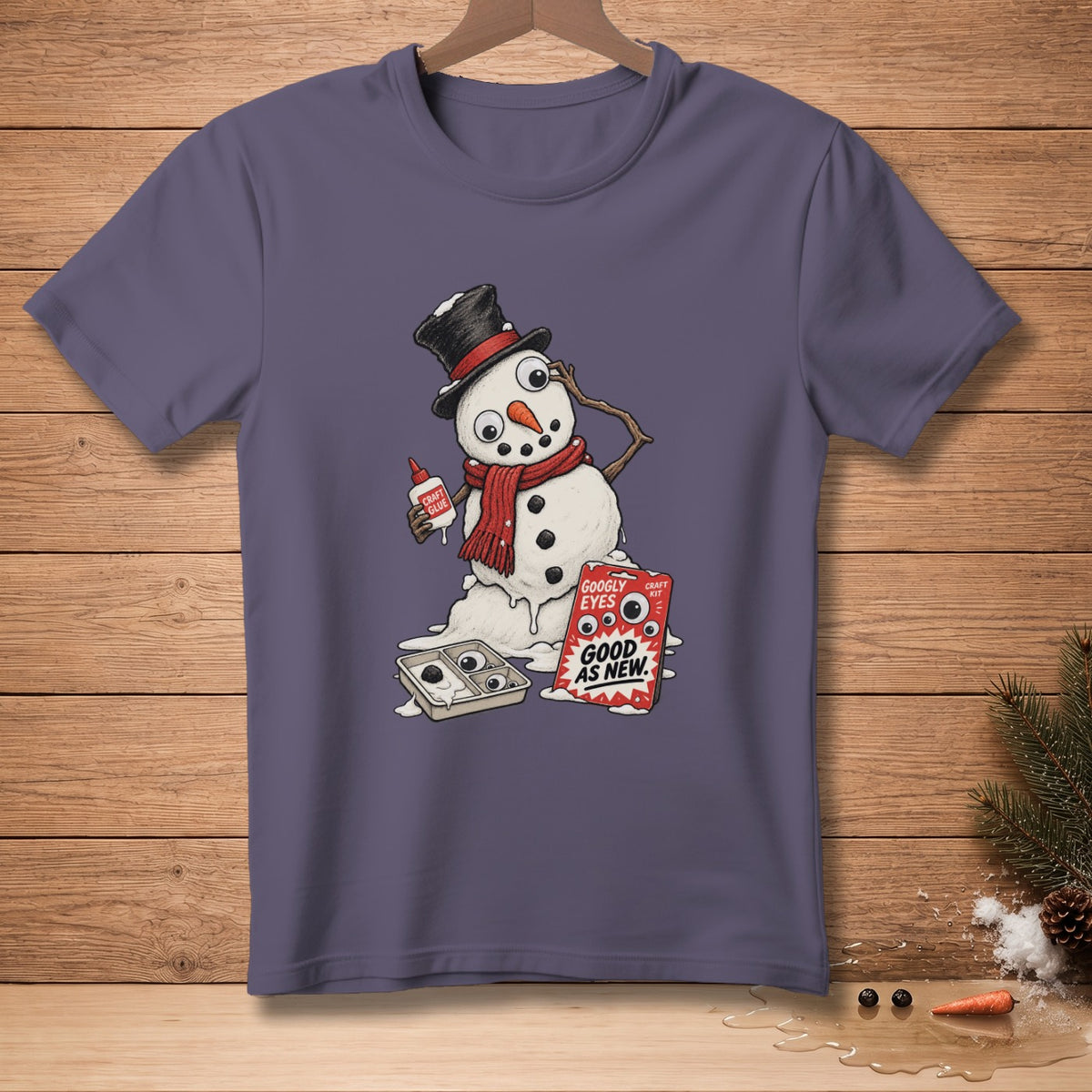 Snowman melting, applying googly eyes with glue, "Good as New" text.