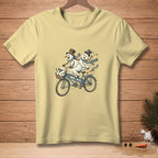 Illustration of two snowmen riding a tandem bicycle with text "WE FIT."