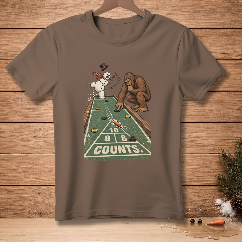 Snowman and Bigfoot play shuffleboard with text "10 8 8 COUNTS."