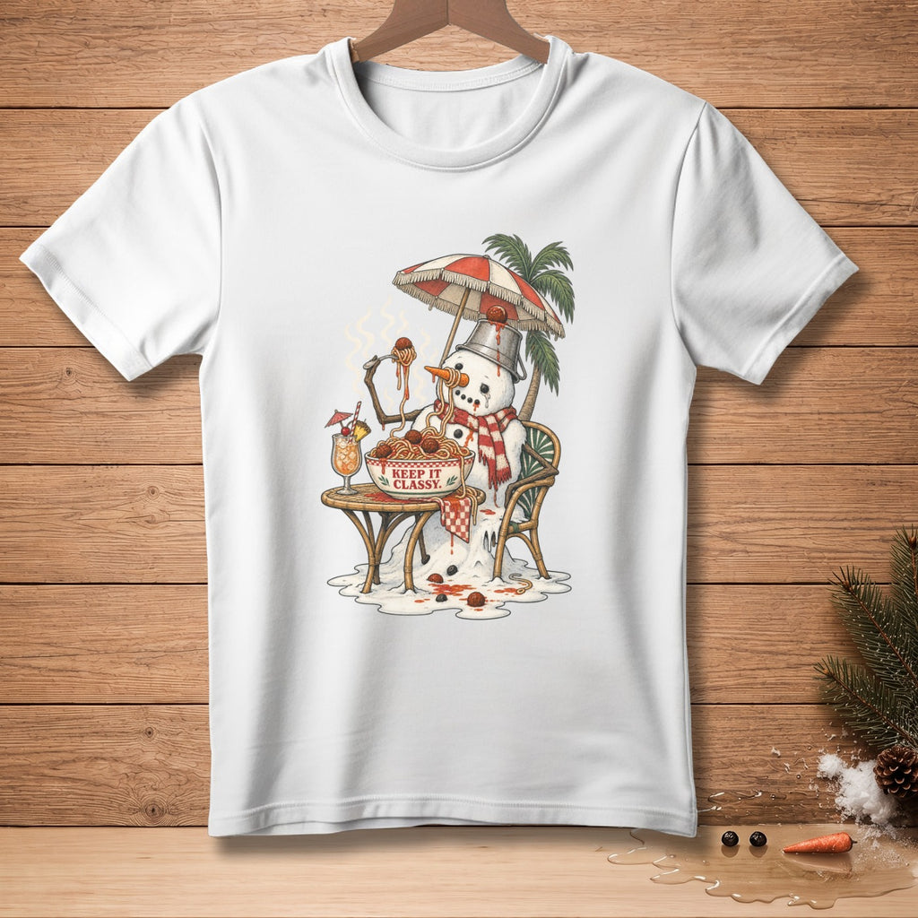 Melting snowman eating spaghetti under umbrella with text "KEEP IT CLASSY."