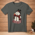 Snowman in top hat and scarf holds wine glass with carrot, text "BOUQUET".