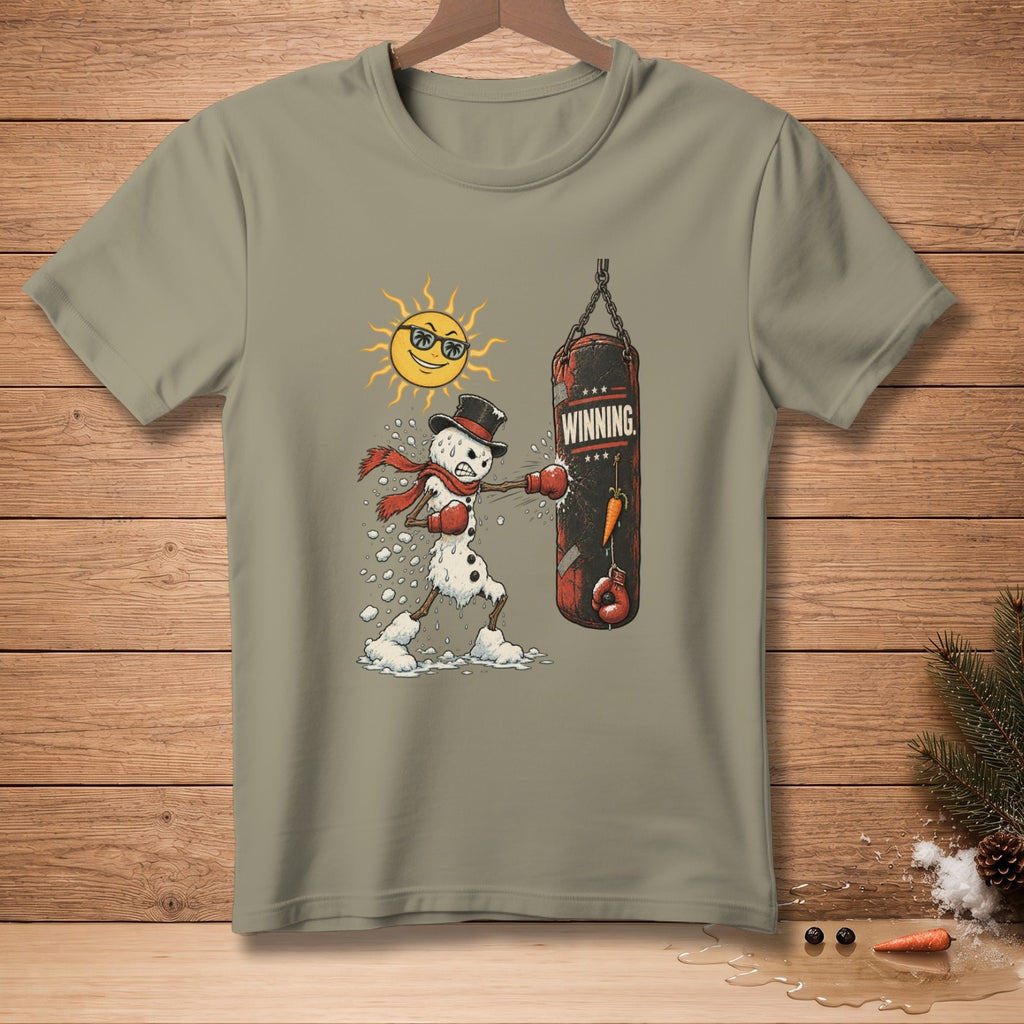 Snowman boxer punches punching bag with "WINNING." text and sunglasses-wearing sun.
