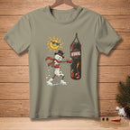 Snowman boxer punches punching bag with "WINNING." text and sunglasses-wearing sun.
