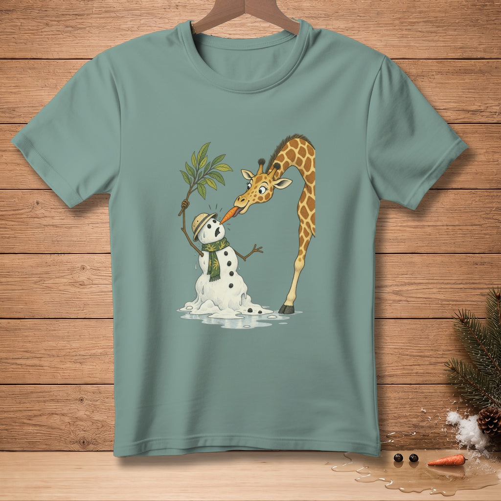 Giraffe eating carrot nose from melting snowman wearing a hat and scarf.