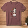 Maroon t-shirt with a cartoon snowman wearing a hat, sunglasses, and scarf, holding a sign.