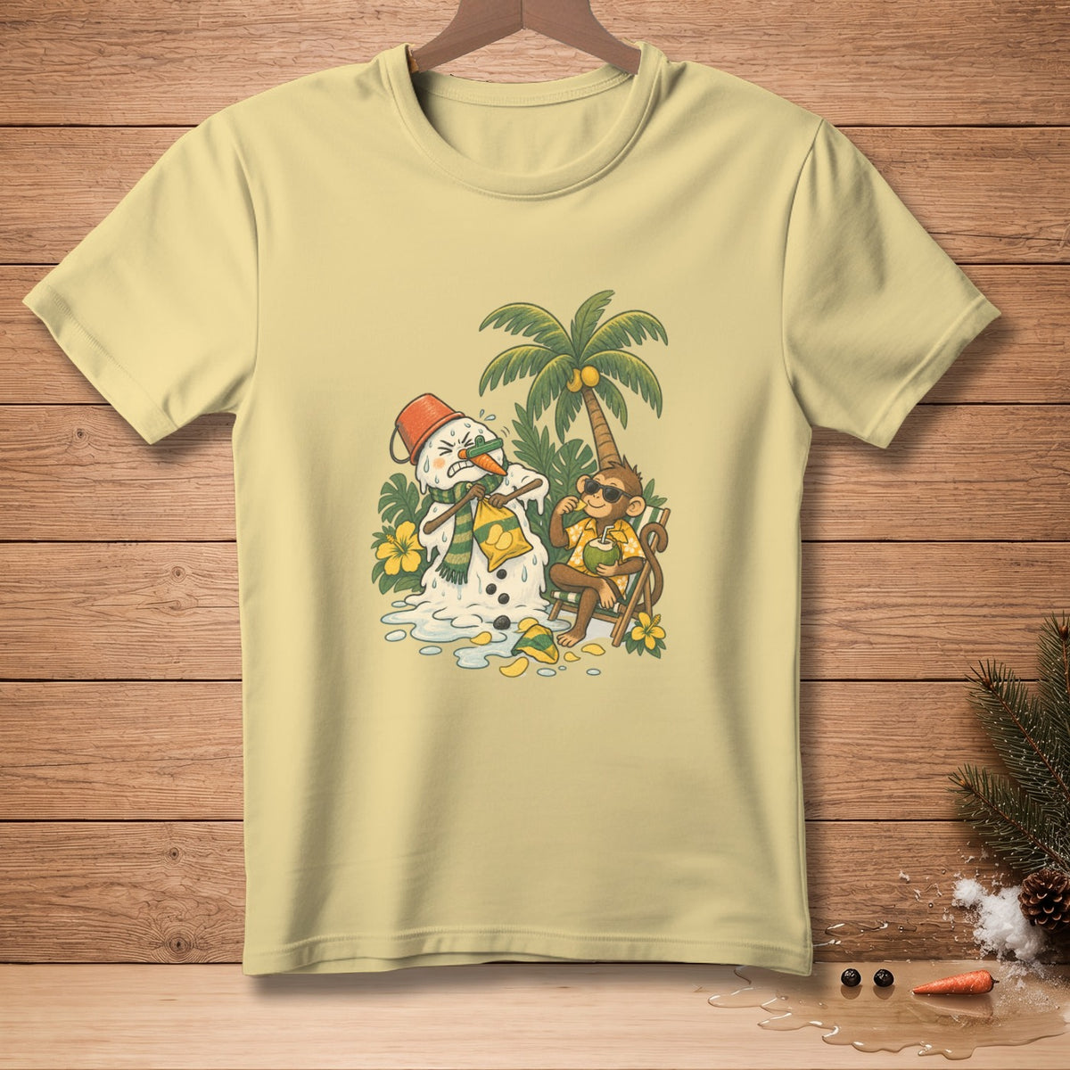Melting snowman with bucket and scarf next to monkey drinking coconut under palm tree.