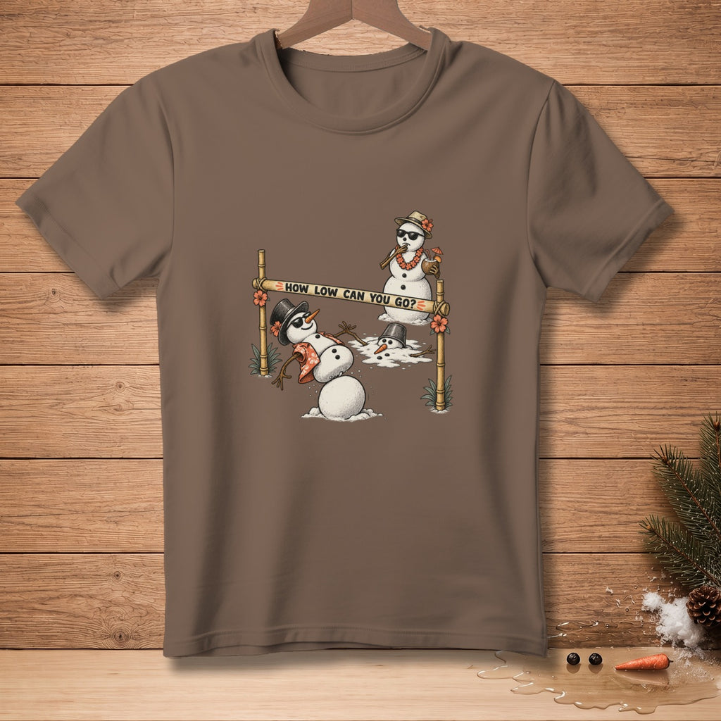 Brown t-shirt with graphic of melting snowmen and text "HOW LOW CAN YOU GO?"