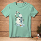 Melting snowman with hairdryer and scarf, text "Almost Dry".