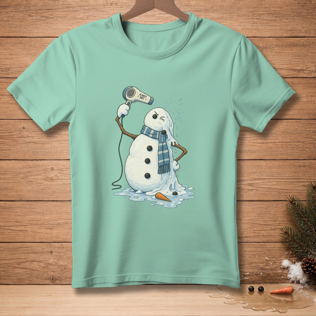 Melting snowman with hairdryer and scarf, text "Almost Dry".