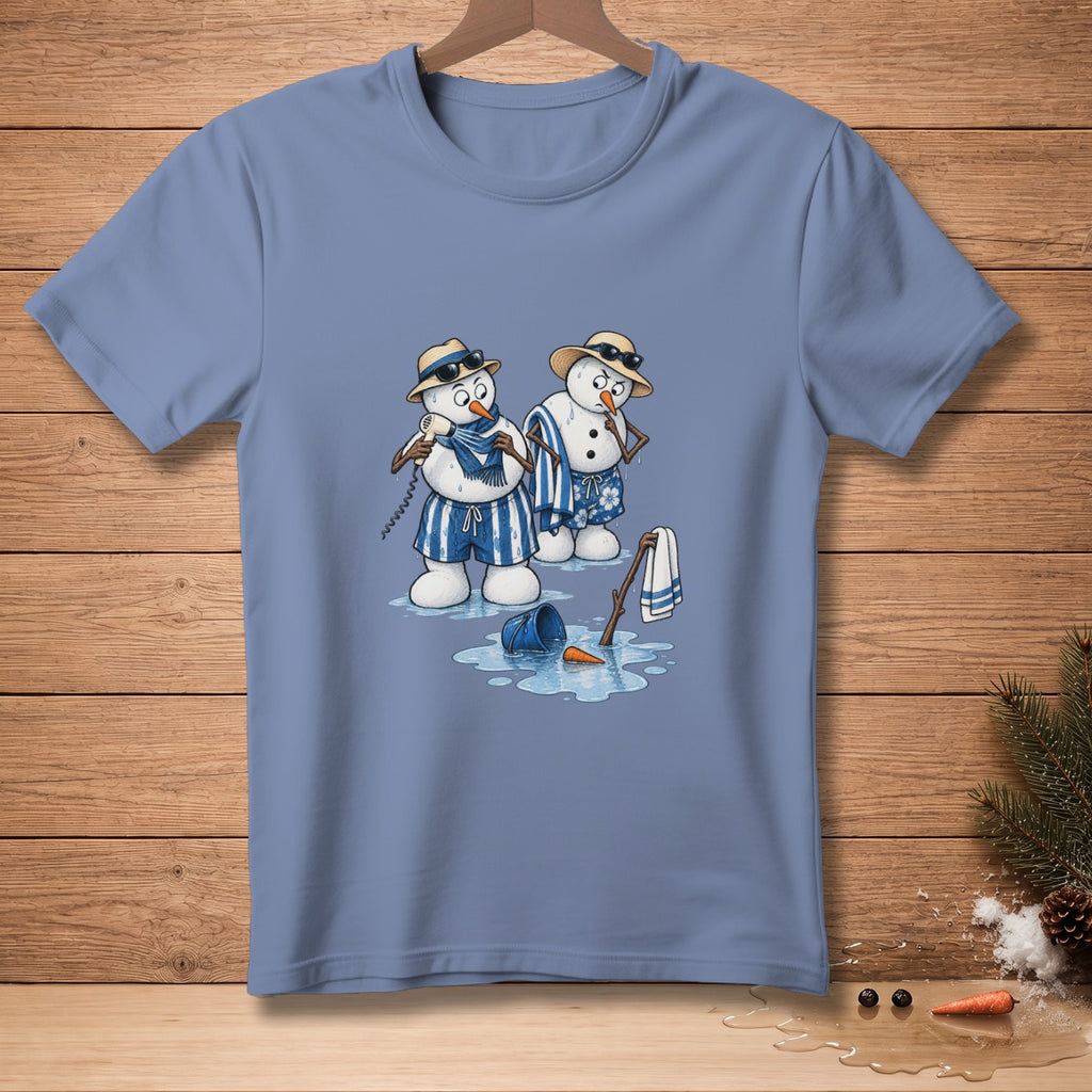 Two melting snowmen in swim trunks and hats stand in puddles, one on a phone.